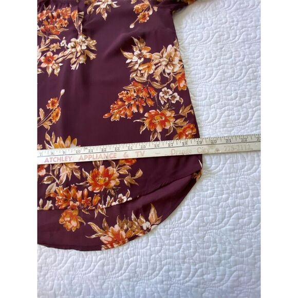 Daniel Rainn Split Neck Blouse Burgundy/Orange Floral Roll Tab Sleeve​ Size PXS - Picture 13 of 14